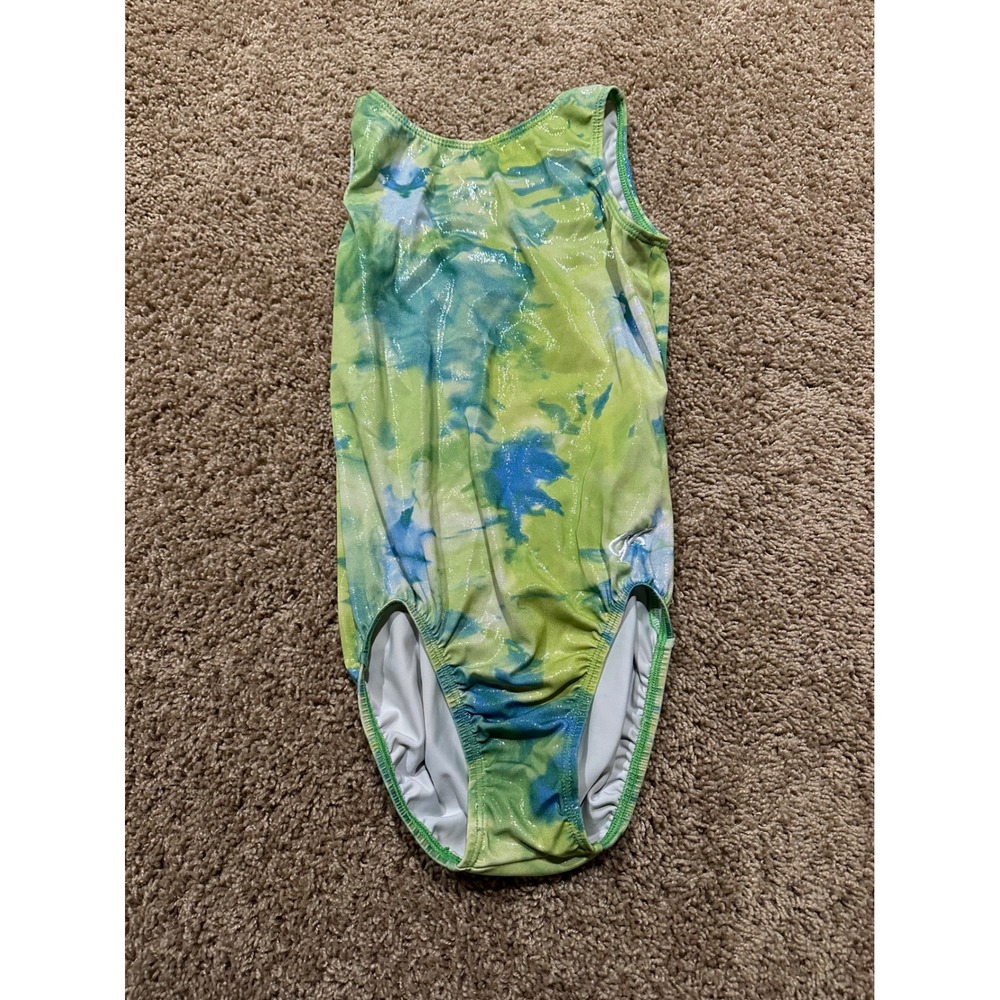 GK Elite Gymnastics Leotard Girls Small Green Blue Tie‎ Dye Shimmer Tank Scoop